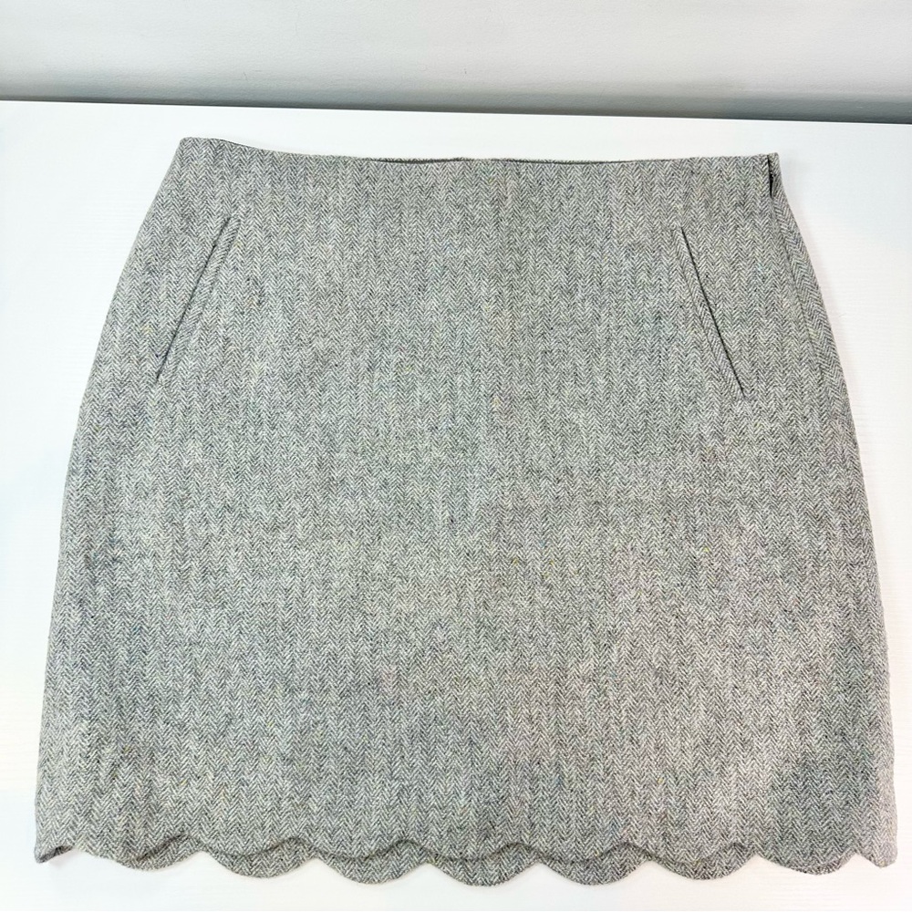 Talbots Grey Wool Tweed Mini Skirt, Herringbone, Scallop Hem, Lined, 14P